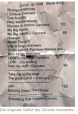 Die originale Setlist des Zürcher Konzertes.